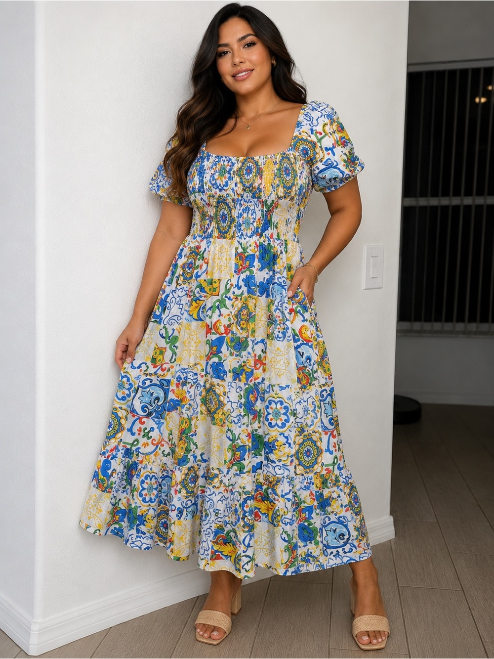Tile-Print Puff Sleeve Maxi Dress - White with Blue, Yellow & Green
